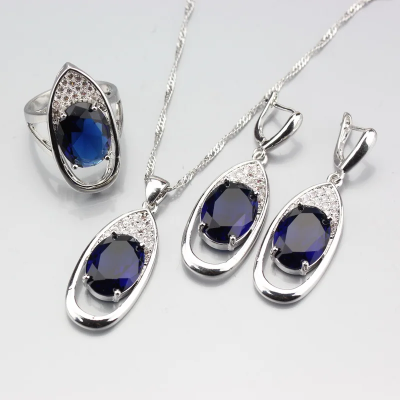 Овальный Синий Циркон Серьги Цепочки и ожерелья кулон кольцо стерлингового