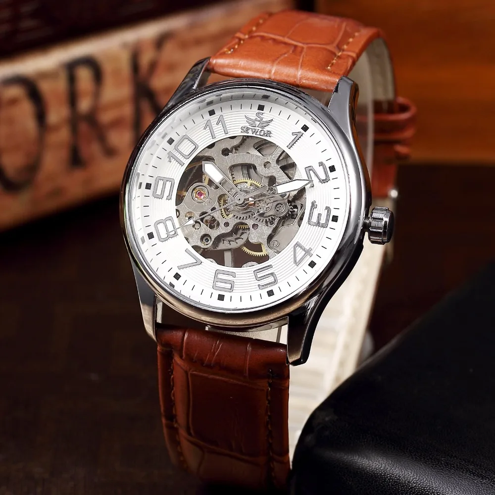 SEWOR Top Brand Black Skeleton Mechanical Watch Men Leather Wristwatches Casual Watches Clock Montre Homme Relogio Masculino | Наручные
