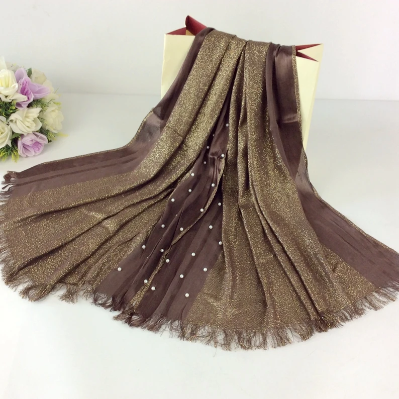 Plain Glitter Cotton Tassels Scarves/Scarf Lurex Pearls Pattern Fringe Muslim Hijab Wraps Bandana |