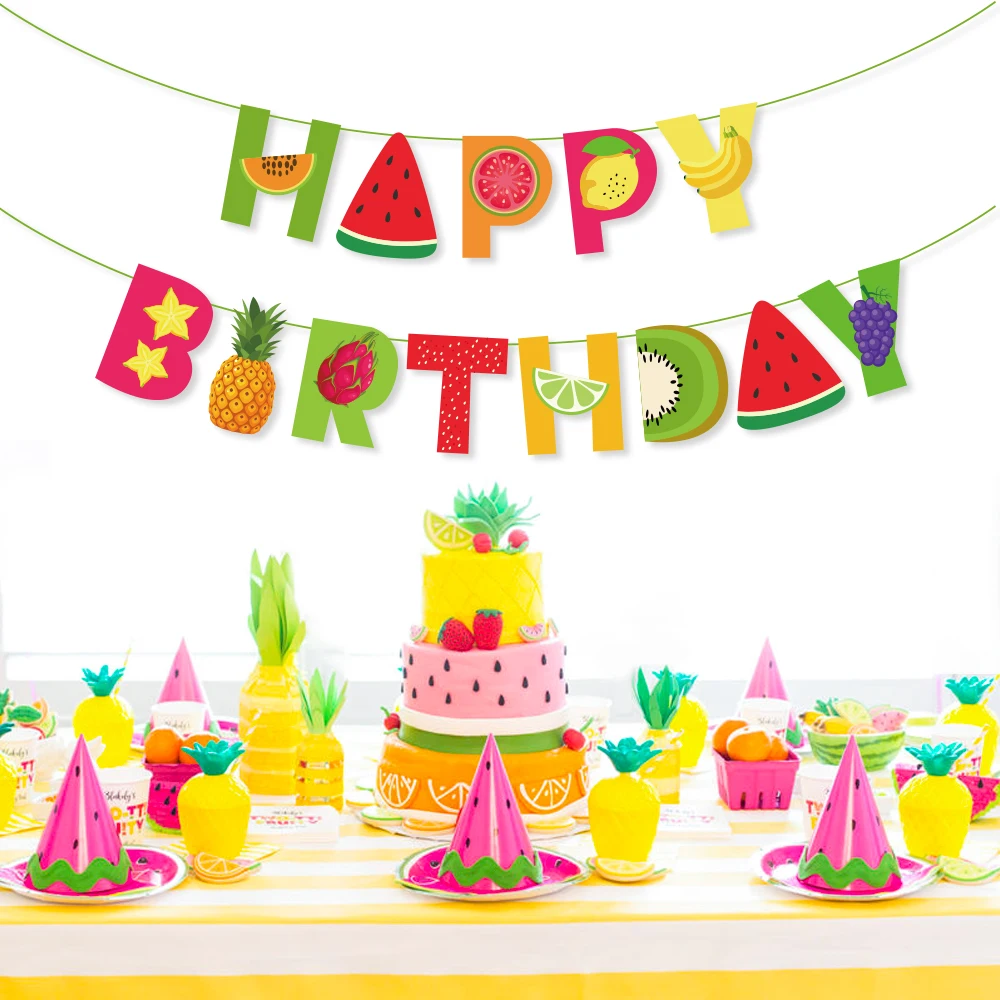

Happy Birthday Banner Decorations Pineapple Kiwi Fruits Theme Party Banners Strawberry Watermelon Banana Cards Party Supplies