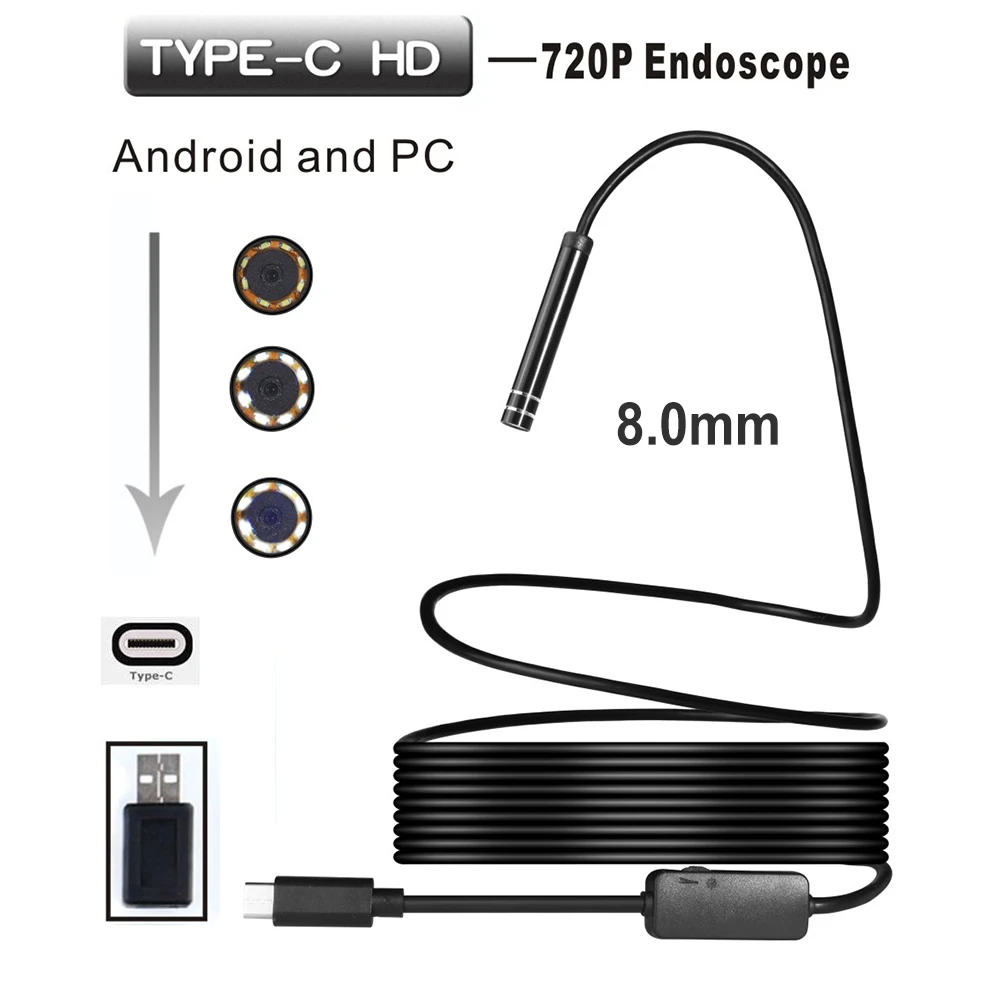 Камера-Бороскоп USB Type-C 720P 8 мм Водонепроницаемая мини-камера-эндоскоп для Android