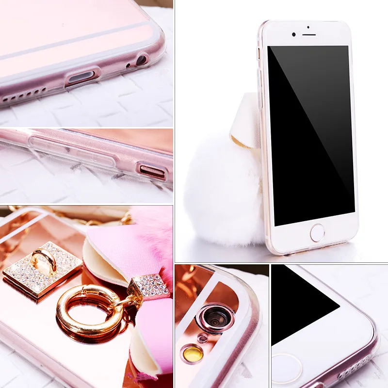 Ainike Luxury Metal Rope Mirror Soft TPU With Pendant Fur Ball Tassel Phone Case Cover For iPhone X 8 4s 5SE 6s Plus 6plus 7plus |