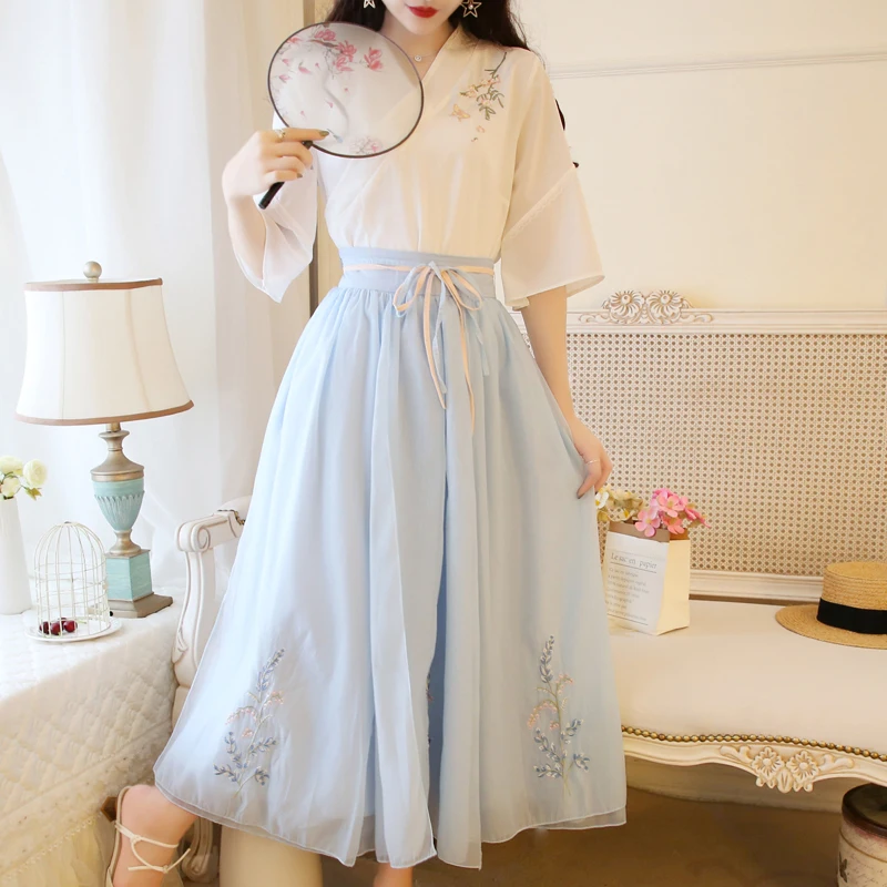 Летнее женское винтажное платье Hanfu с цветочной вышивкой, китайский традиционный ханьфу, карнавальный костюм, народное древнее платье, Династия Тан