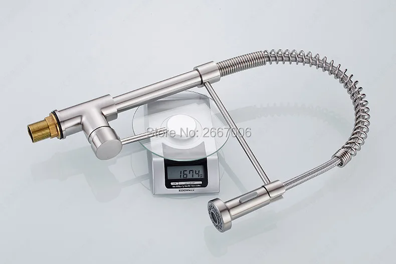 Free shipping High Quality Brushed Nickle Brass Spring Kitchen Faucet Two Spouts Pull Out Deck Mounted Mixer Tap ZR660 | Обустройство