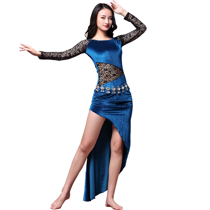 

Fashion Belly Dance Practice Dress Clothing Women New Sexy Lace Stitching Costume Velvet Dress Set Belly Dancing Outfits DL3174