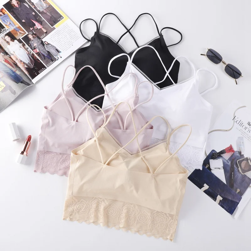 

Beauty Back Padded Bra Lace Stitching Tube Top Fashion =Lace Mesh Summer Camis Top
