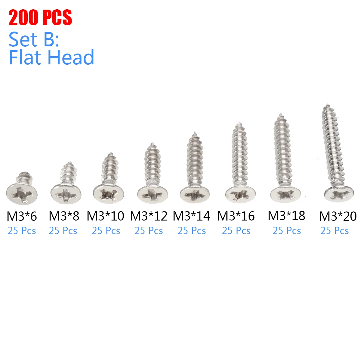 200Pcs/Lot M3 Stainless Steel Flat Head Screws Kits High strength Self-Tapping Assortment Set For Hardware Accessories | Обустройство