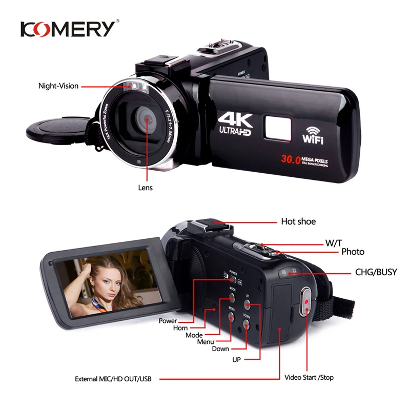 KOMERY 4K видеокамера 3,0 дюймов сенсорный экран 4K Горячий башмак wifi видеокамера 24 млн пикселей 16X цифровой зум с микрофоном
