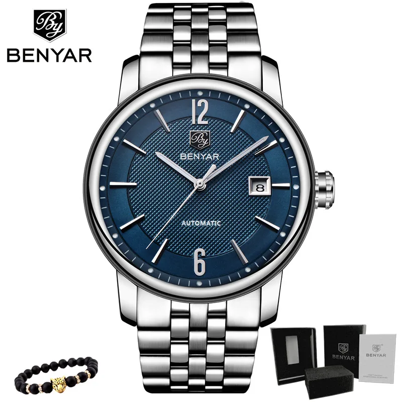 Steel-blue BENYAR Топ бренд класса люкс для мужчин s часы бизнес полный сталь Мода повседневное водонепроницаемый автоматические часы мужские часы Relogio Masculino - Цвет: Steel-blue