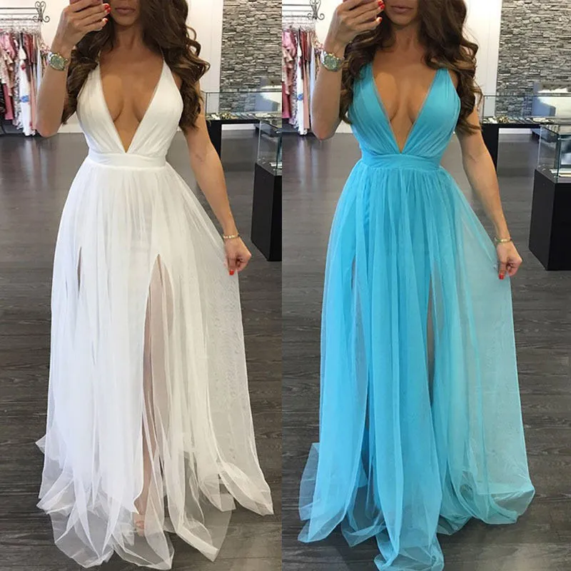 Stylish Women dress Polyester Deep V-neck sleeveless casual solid Evening Party Summer Beach Dresses one pieces | Женская одежда