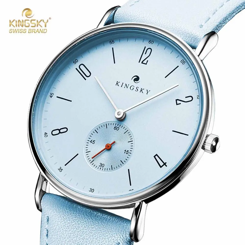 M102blue Милые розовые женские часы Kingsky, повседневные аналоговые кварцевые часы с кожаным ремешком, модные женские часы, маленькие секундные Часы relogio feminino - Цвет: M102blue