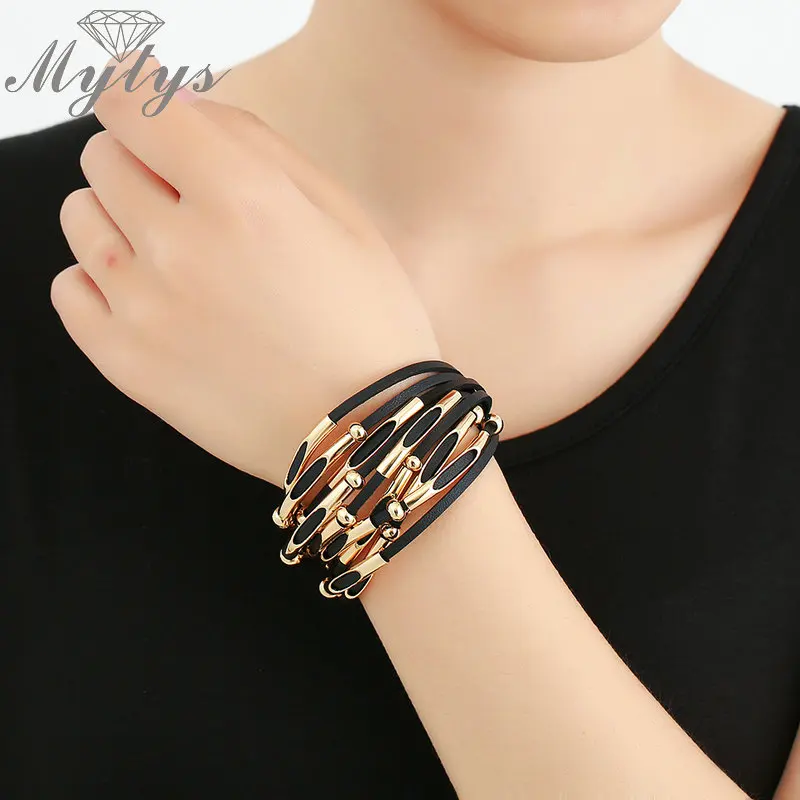 Mytys 3 цвета кожаный браслет для женщин Pulseira стильные ювелирные изделия Новое
