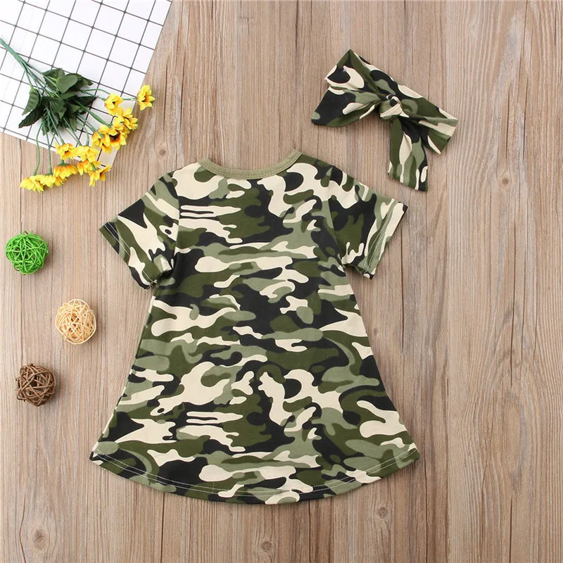 Canis Kid Baby Girls Short Sleeve Camo Party Pageant Dress Headband 2PCS Clothes Dresses Cotton Newborn | Детская одежда и обувь
