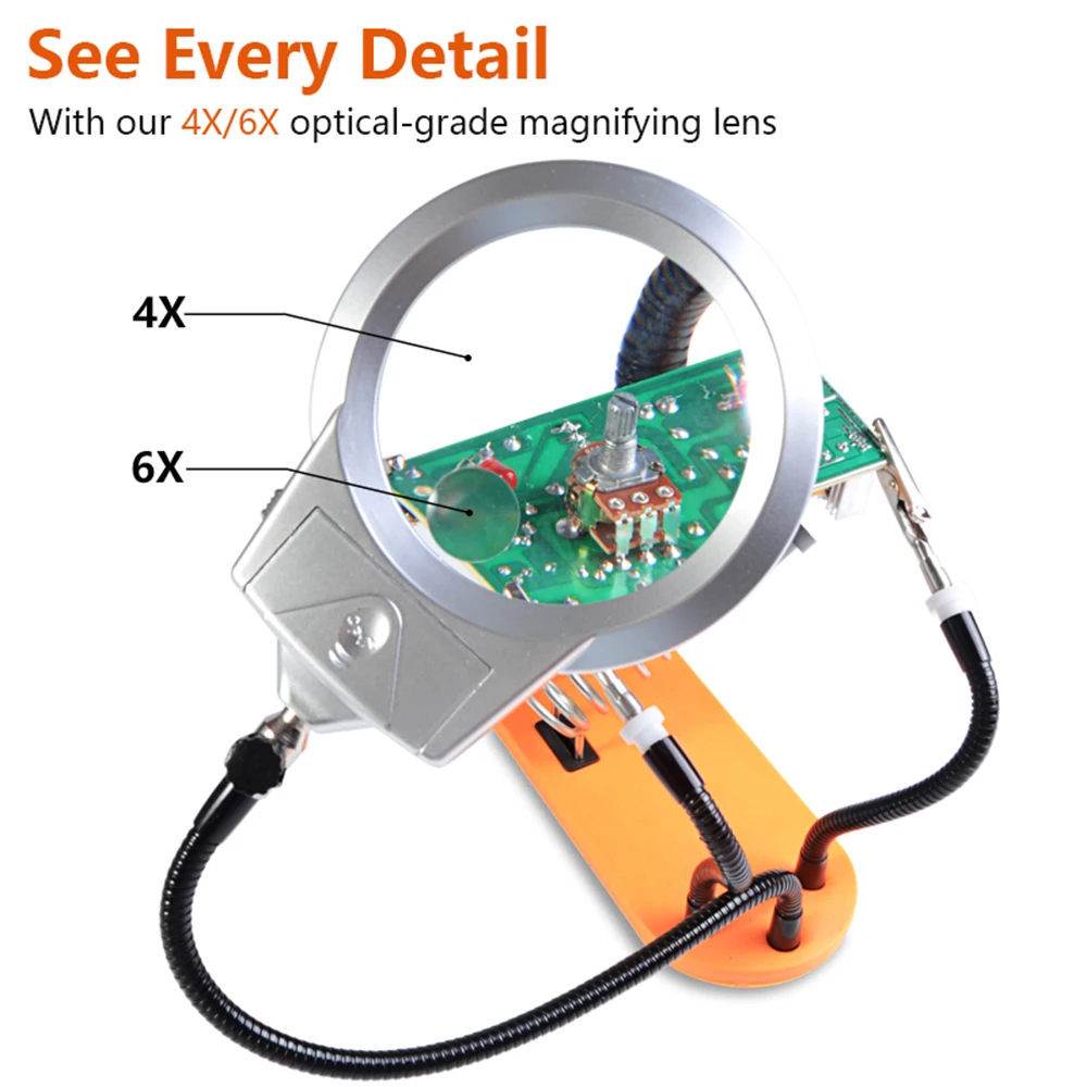 

Third Hand Soldering Stand, Welding Tool LED Magnifier 5 Flexible Metal Arms, PCB circuit board soldering iron holder with clamp