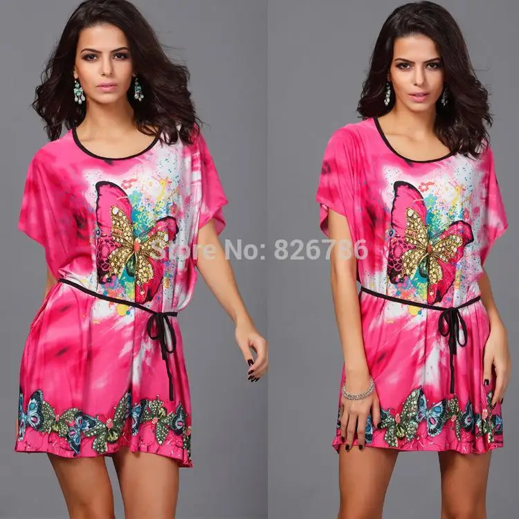 New bohemian summer women dress fashion butterfly printed milk silk causal lady batwing sleeve plus size loose beach | Женская одежда