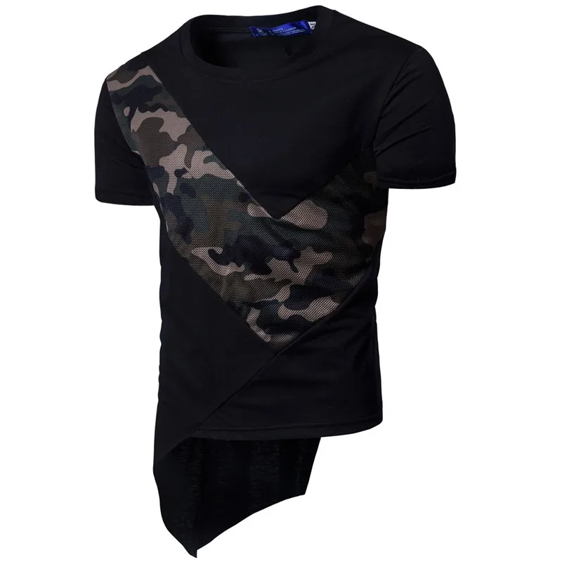 Камуфляж печати Футболки Для мужчин летние кососрезанная нижний Camisas с круглым