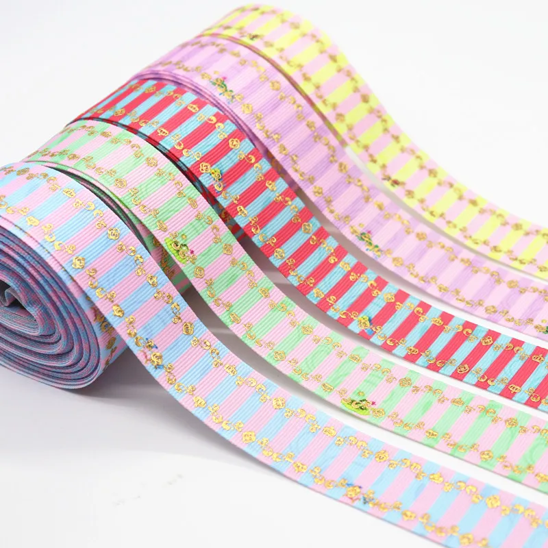 5 ярдов Grosgrain ленты лазерные Золотые листья Кружева Печатные ленты " 25 мм пробки для бутылок DIY ремесла аксессуары ручной работы M19061701