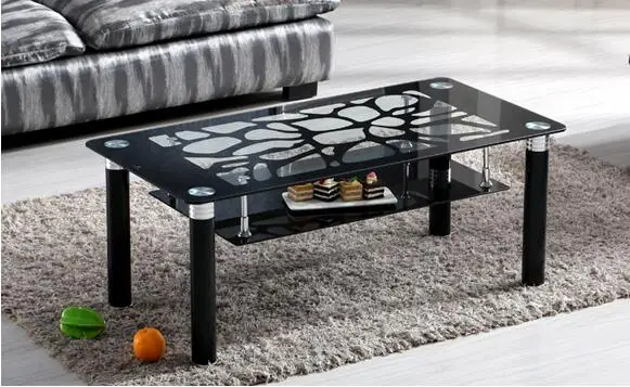 

Double layer tempered glass rectangular black small family tea table..