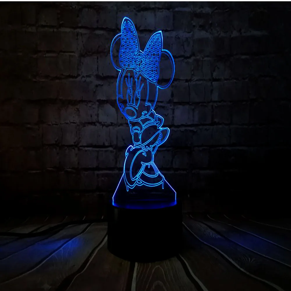 Мультяшный ночной Светильник 3D акриловый Минни Маус RGB декор для детской комнаты для сна светодиодный 7 цветов USB зарядка блеск детский день подарок для девочки