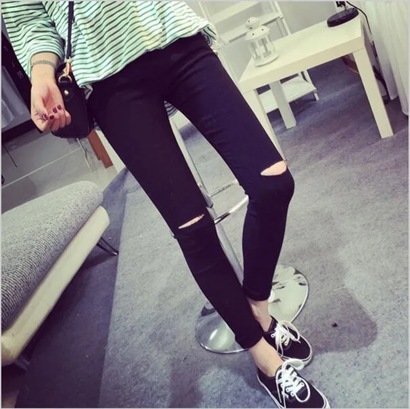 Hot Pants Summer Women 2015 New Fashion Solid Color Leggings Spring Vertical Stretch Jeans Pencil one hole on knee | Женская одежда