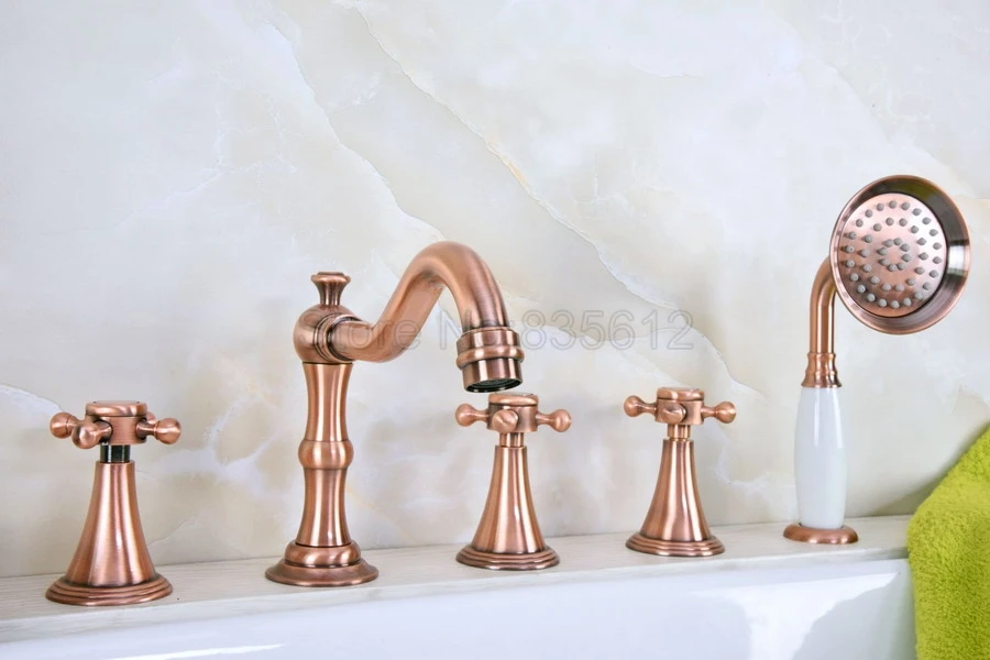 

Widespread Antique Red Copper 5 Holes 3 Handles Bathroom Tub Faucet W/ Hand Shower Mixer Tap ttf217