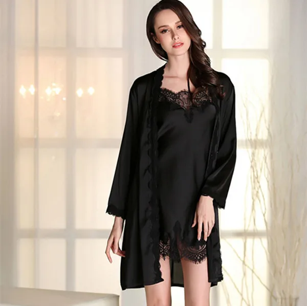 Модный женский весенне-летний Шелковый ночной халат с длинным рукавом