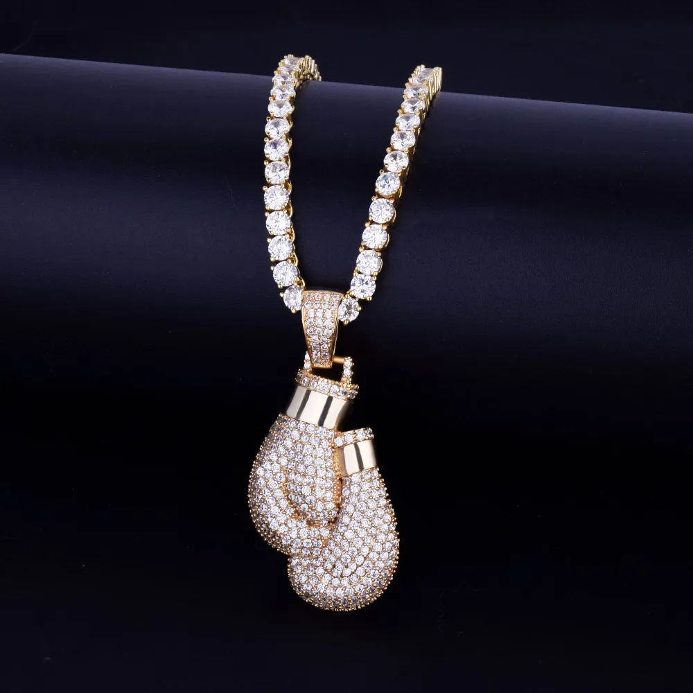Bling Boxing Gloves Pendant Necklace& Pendant Charm Free Rope Chain Gold Color Iced Out Cubic Zircon Men's Hip hop Jewelry