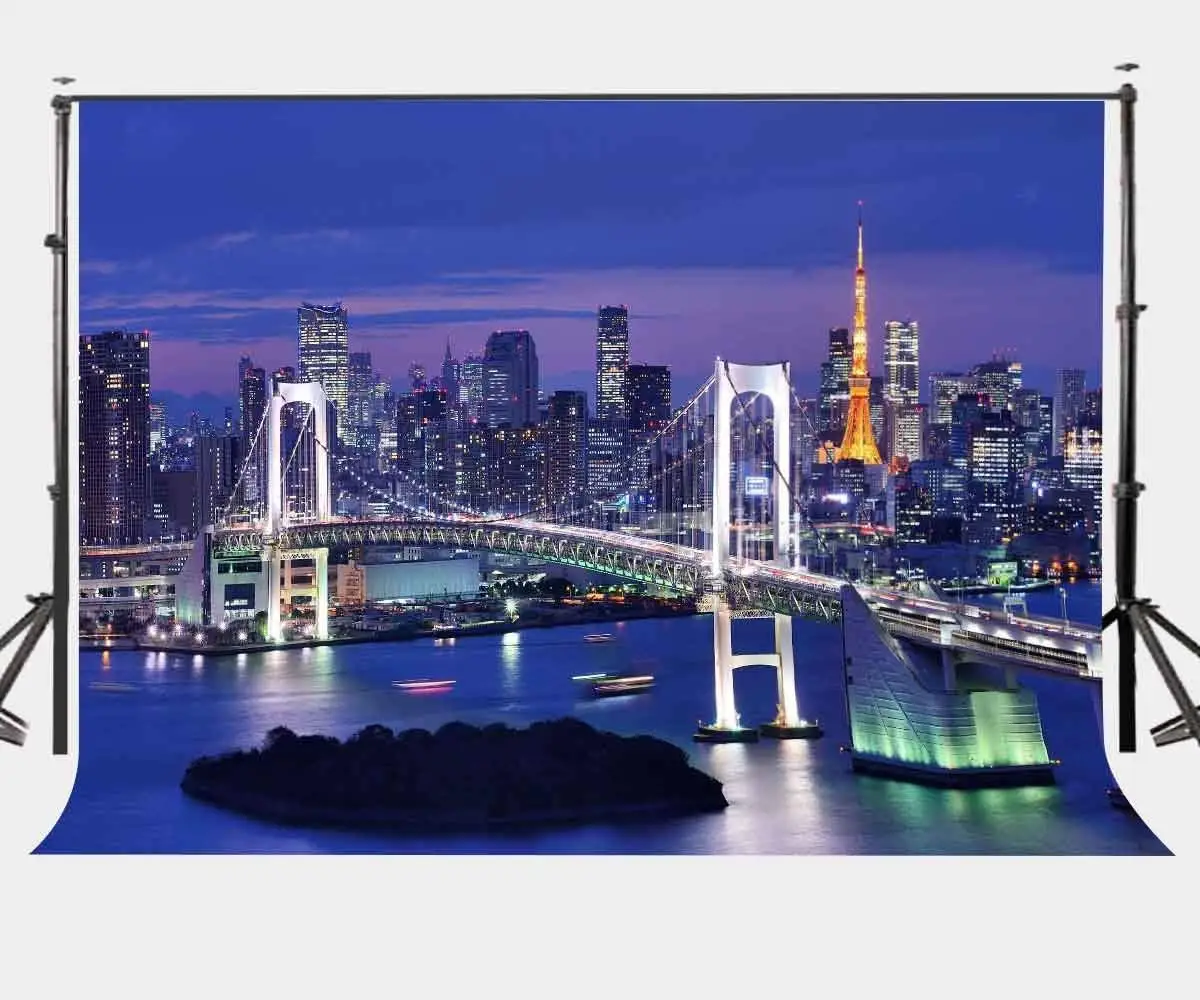 7x5ft Beautiful City Night View Backdrop Modern Viaduct Bridge Tokyo Tower Photography Background | Photo Studio kits
