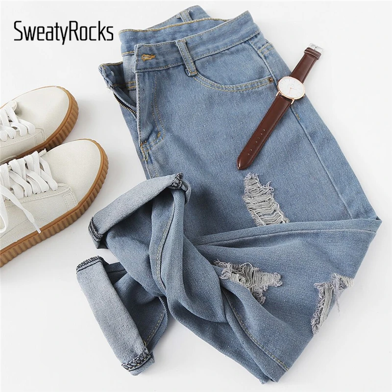 SweatyRocks, женские джинсы, рваные, средняя талия, на пуговицах, рваные, джинсовые, свободные штаны, женские, длина по щиколотку, брюки бойфренда