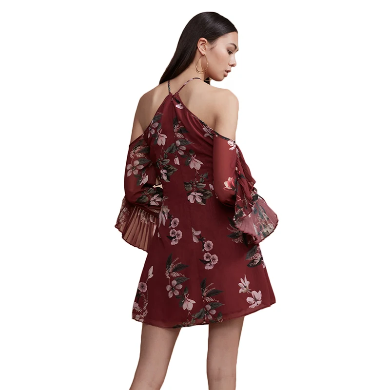 IRISIE Women Sexy Frills Patchwork Floral Print Off Shoulder Halter Mini Dress Vintage Long Sleeve Red A Line | Женская одежда