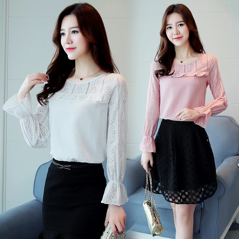 Flyyedemo Для женщин блузка рубашка 2017 Новая мода осень розовый Шифоновая Кружево