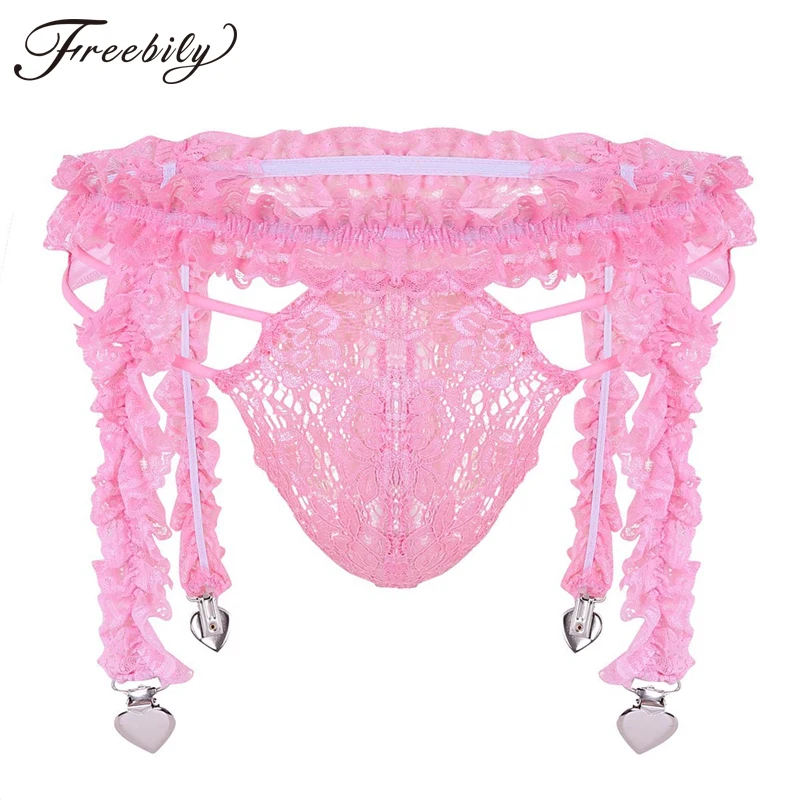 

2Pcs Mens Sissy Briefs Lingerie Set Ruffled Sissy 4 Frilly Straps Heart Clips Garter Belt with Bikini G-strings Briefs Underwear