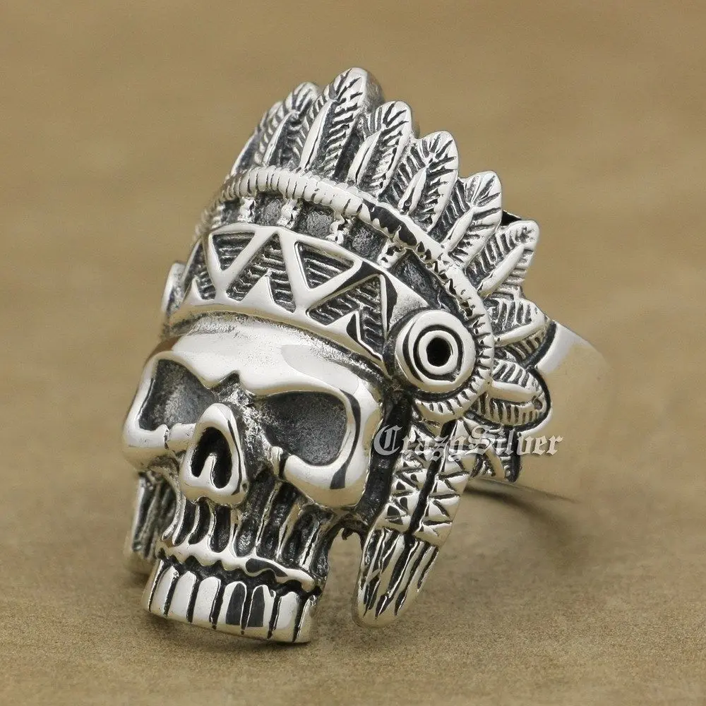 925 пробы Серебряное индийское кольцо с черепом мужское байкерское панк 9W020 Размер