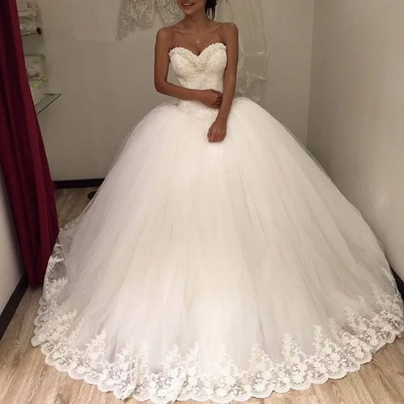 

Boho Vestido De Noiva Muslim Wedding Dresses Ball Gown Sweetheart Tulle Appliques Pearls Dubai Arabic Wedding Gown Bridal