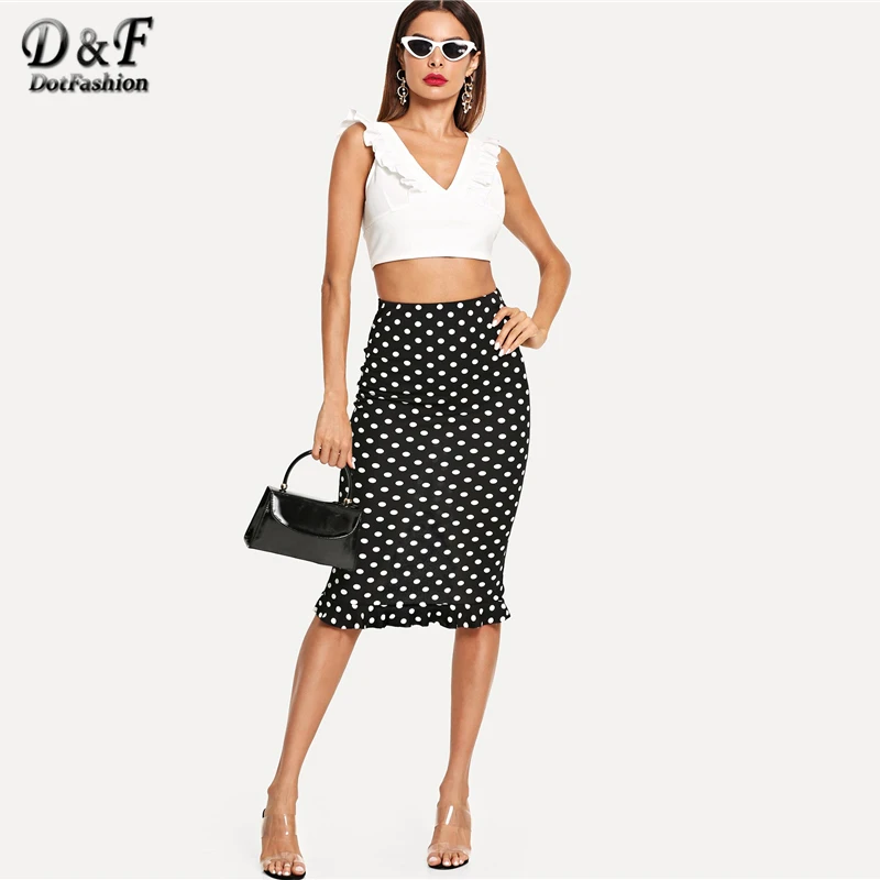Dotfashion черно-белая женская юбка в горошек с разрезом сзади и рюшами на подоле, осень, повседневная Облегающая Юбка До Колена с высокой талией