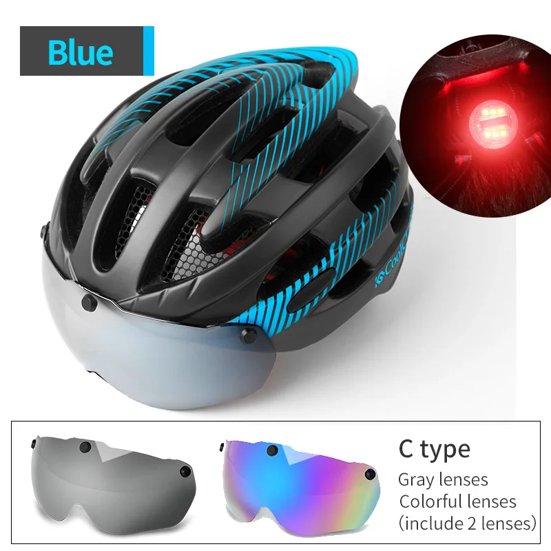 Coolсмена велосипедный шлем MTB сетка от насекомых цельный литой мужской женский велосипедный шлем с светильник ветрозащитные очки - Цвет: C Blue 2 lenses