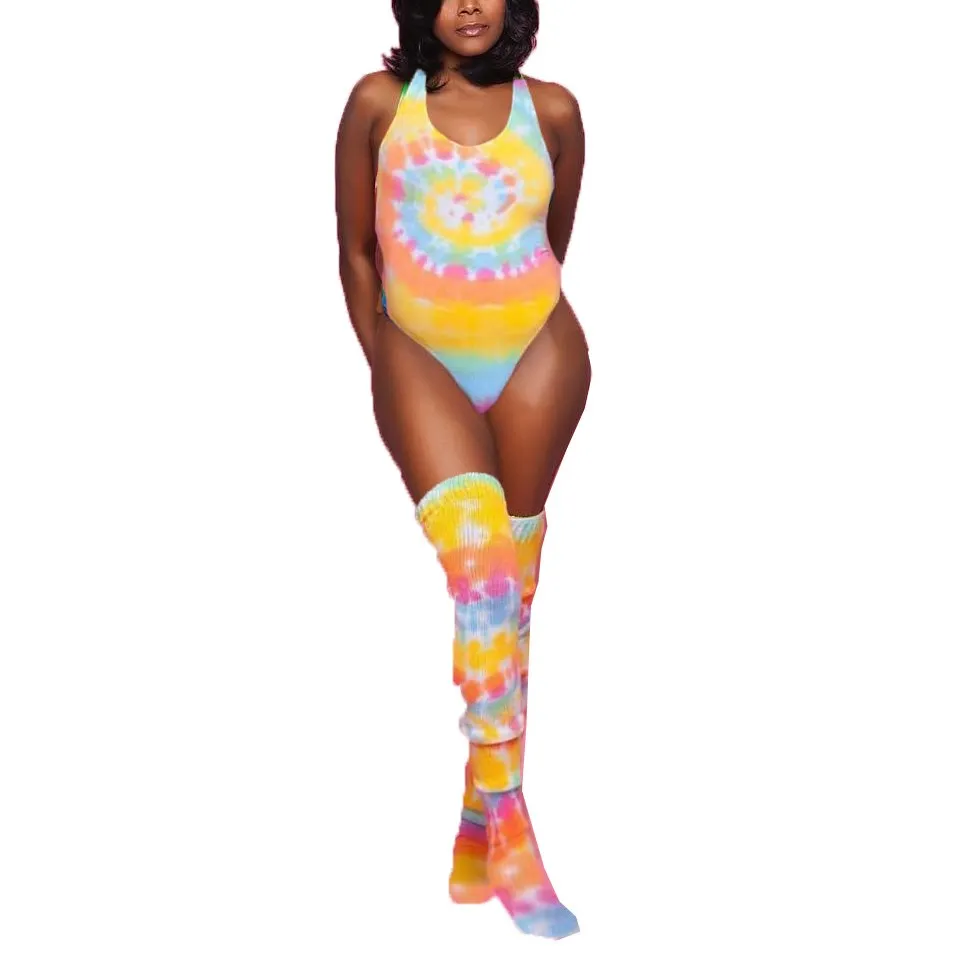 Радужный Tie Dye сексуальный фитнес-боди для женщин с глубоким вырезом без рукавов пляжная одежда комбинезон с принтом летние вечерние комбинезоны с открытой спиной - Цвет: 1