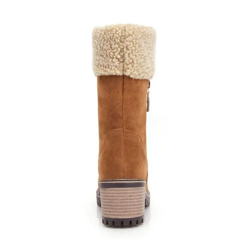 Taoffen Warm Fur Women Mid Calf Boots Simpe Round Toe Zipper Heels Shoes Comfortable Winter Footwear Size 33-44 | Обувь