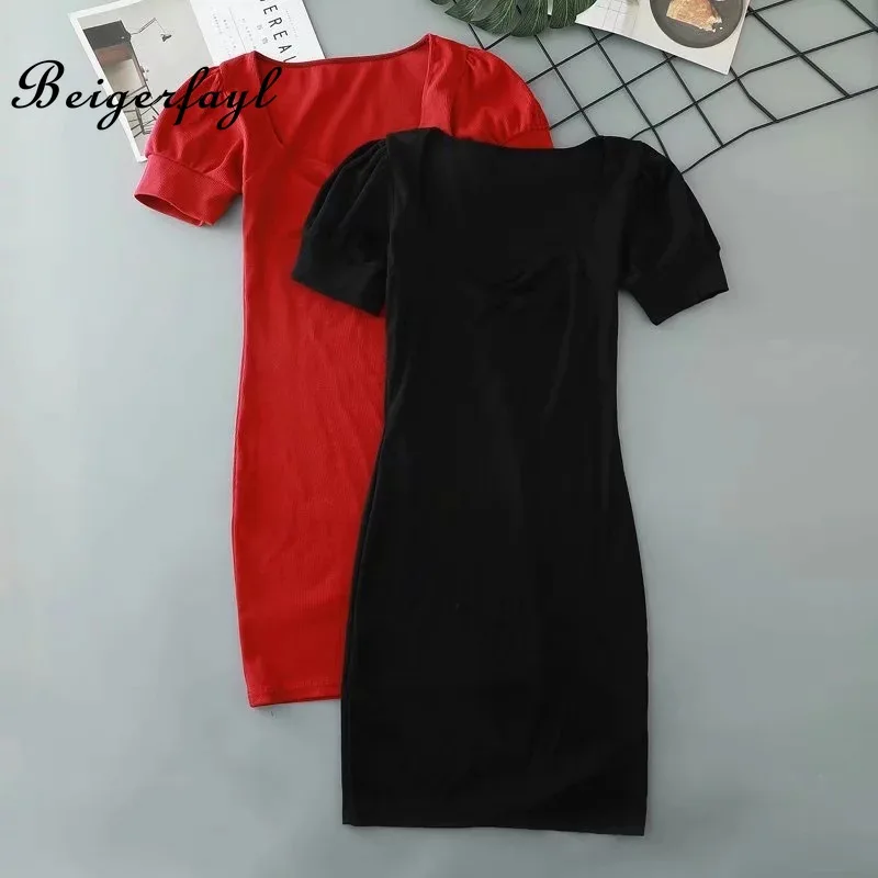 Beigerfayl 2019 новые летние Винтаж платье с квадратным вырезом Slim Fit короткий рукав