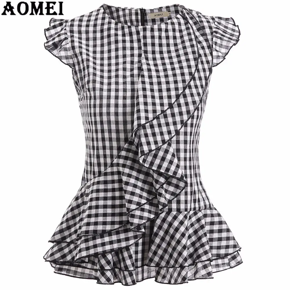 Black Plaid Женские летние топы без рукавов, черные клетчатые рубашки, блузки с оборками, Женские винтажные клетчатые блузы размера плюс, Ретро стиль, с баской - Цвет: Black Plaid