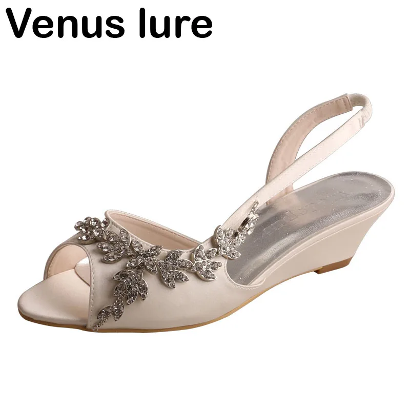

Clearance Ivory Low Heel Wedding Shoes for Bride Wedges Crystals Women Sandals