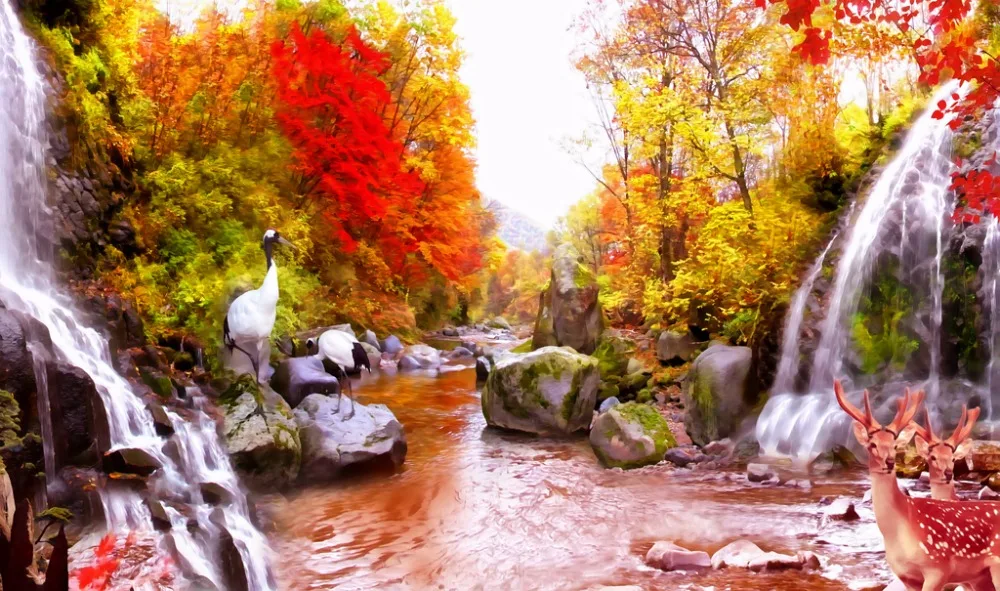 3D Curtain Photo Oil Painting Maple Leaf Creek Deer Curtains For Bedroom Living Room Blackout Shade Window | Дом и сад