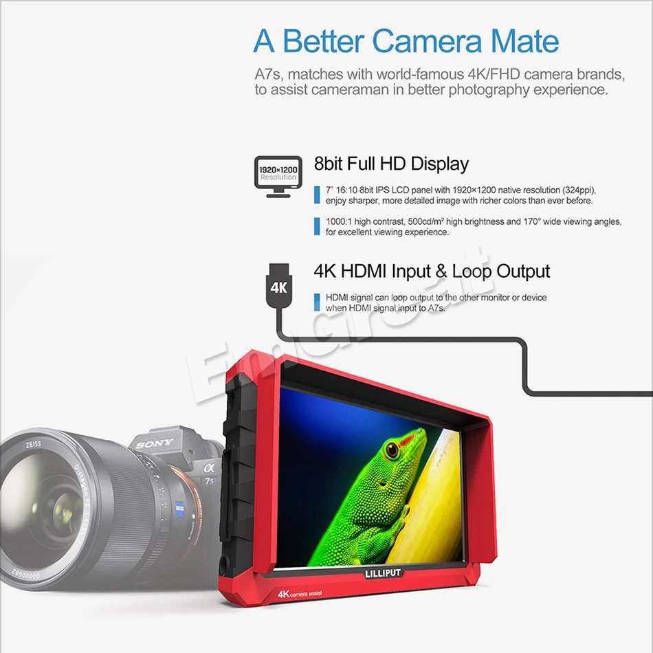 Lilliput A7s 7 дюймов 1920x1200 HD ips экран 500cd/m2 камера полевой монитор 4K HDMI вход выход видео беззеркальная камера DSLR
