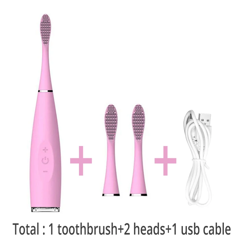 1 Pink brush 2head Силиконовая зубная щетка, акустическая волна, USB, звуковая зубная щетка, перезаряжаемая, для отбеливания зубов, вращающаяся, мягкая щетка, головки - Цвет: 1 Pink brush 2head
