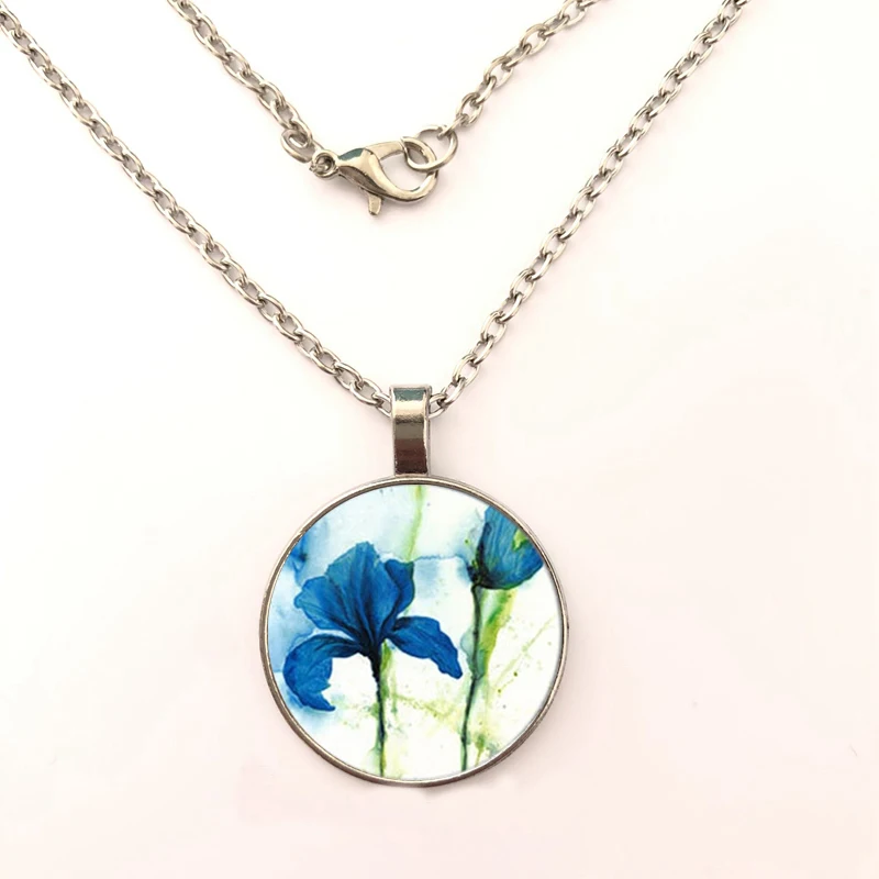 Стеклянная подвеска Трендовое ожерелье с синим цветком ириса ручная работа