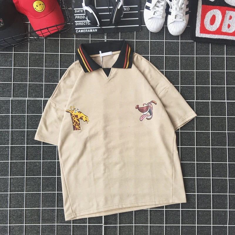 New port wind Japanese retro giraffe cartoon short-sleeved polo shirt Korean loose couple lapel top | Мужская одежда