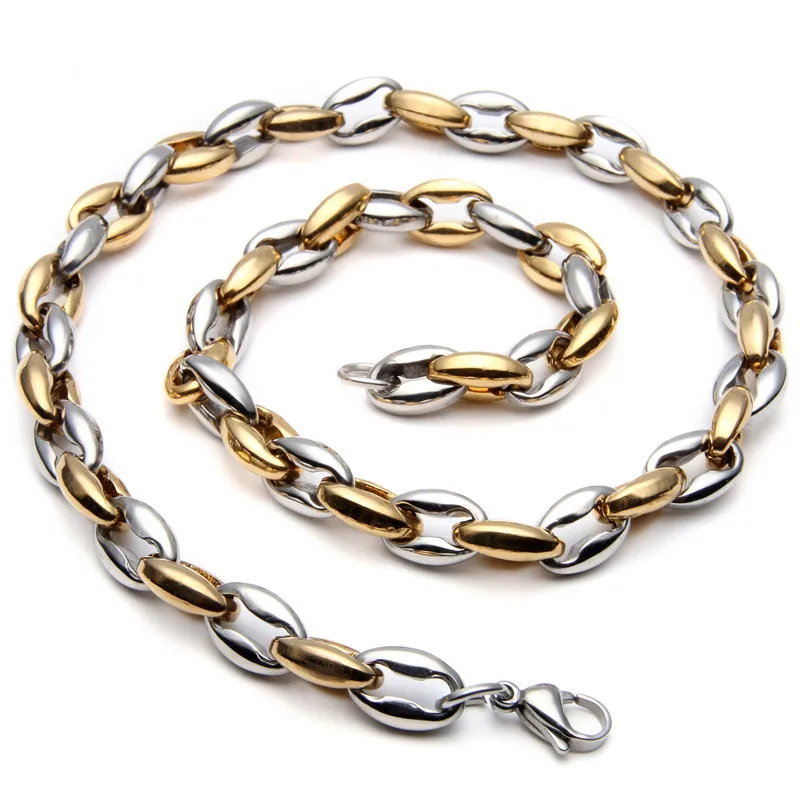 Mainlead Hiphop 9MM Gold Titanium Steel Coffee Bean Link Chain Necklace Mens Long Biker Jewelry | Украшения и аксессуары