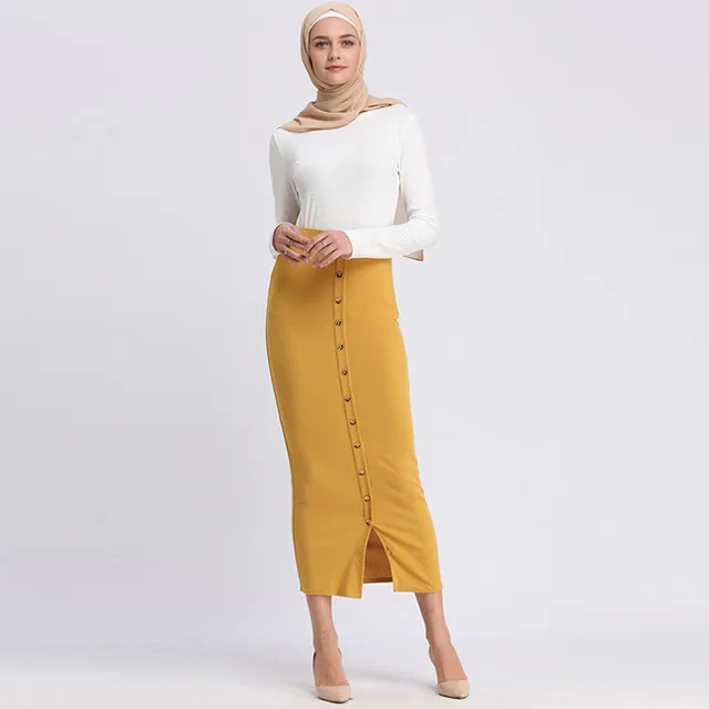 Цвет: желтый Размера плюс Faldas Mujer Moda Jupe Femme abaya мусульманская женская облегающая юбка с высокой талией и пуговицами длинные исламские юбки Одежда - Цвет: Цвет: желтый