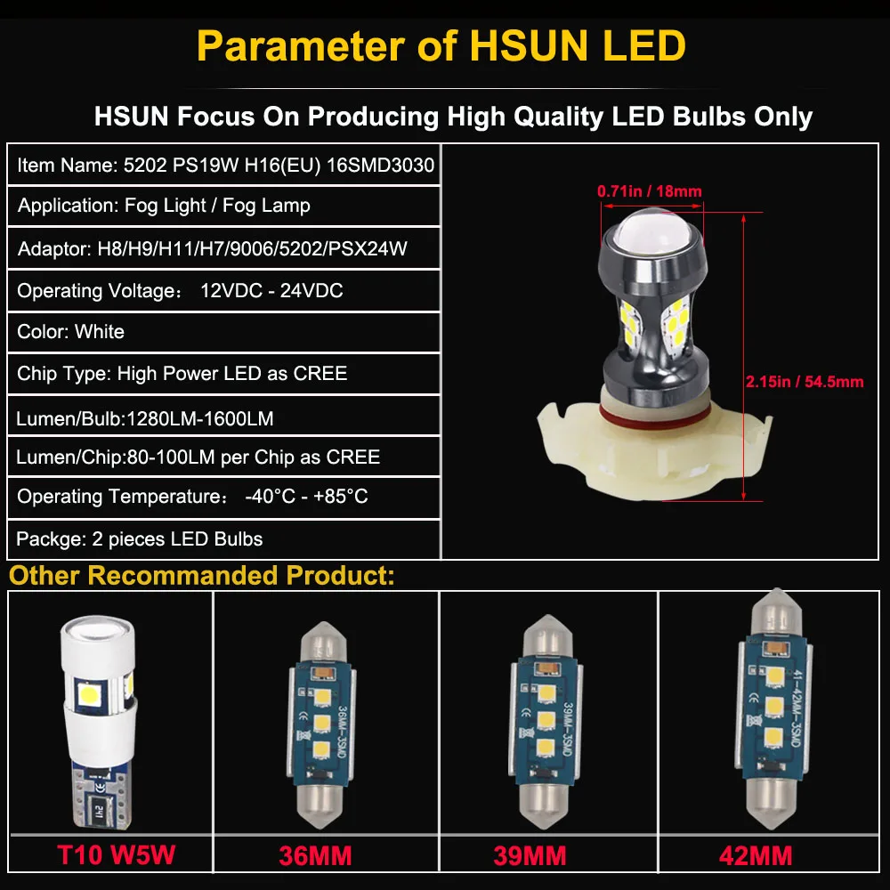 HSUN 2 шт. PSX24W светодиодные лампы для автомобилей дневное Вождение Противотуманные фары CSP чип супер яркий 6000 К белое освещение высокой мощности лампы