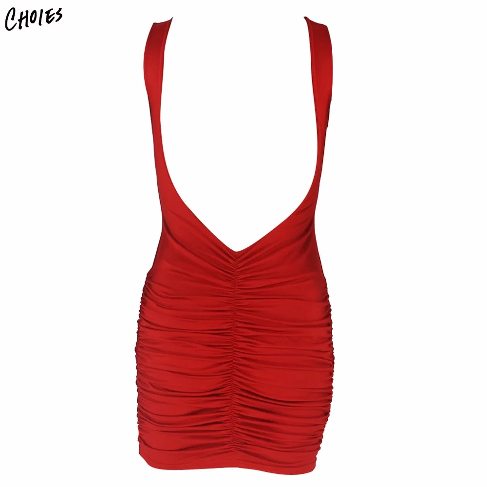 Red And White Plunge Open Back Ruched Detail Bodycon Mini Dress Women V Neck Sleeveless Sexy Elegant Backless Party Dresses | Женская